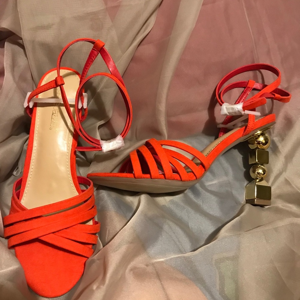 Tangerine/Orange heels with Gold heel. Ankle strap